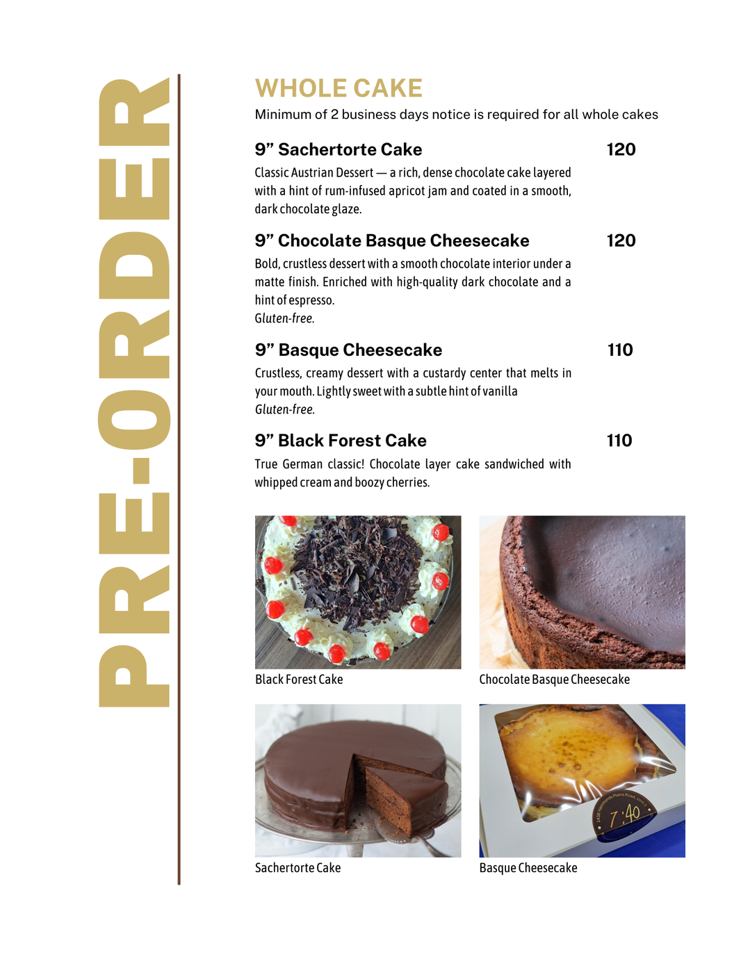 Menu with whole cakes: prices, descriptions, and cake photos.