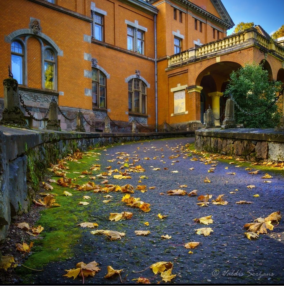 Pathway with autumn leaves leading to an orange brick building with arched entrance and windows.