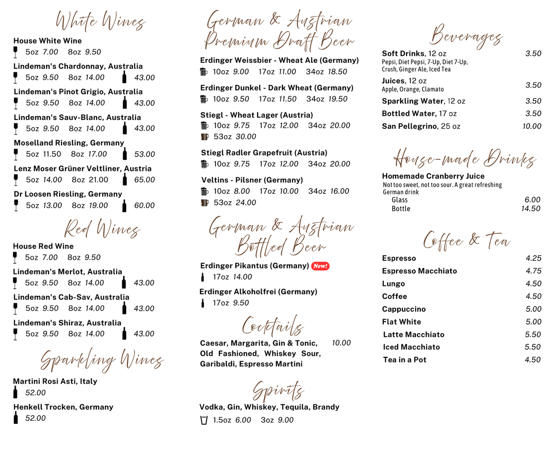 Menu with beverages, white, red, and sparkling wines, draft beer, bottled beer, cocktails, and spirits.
