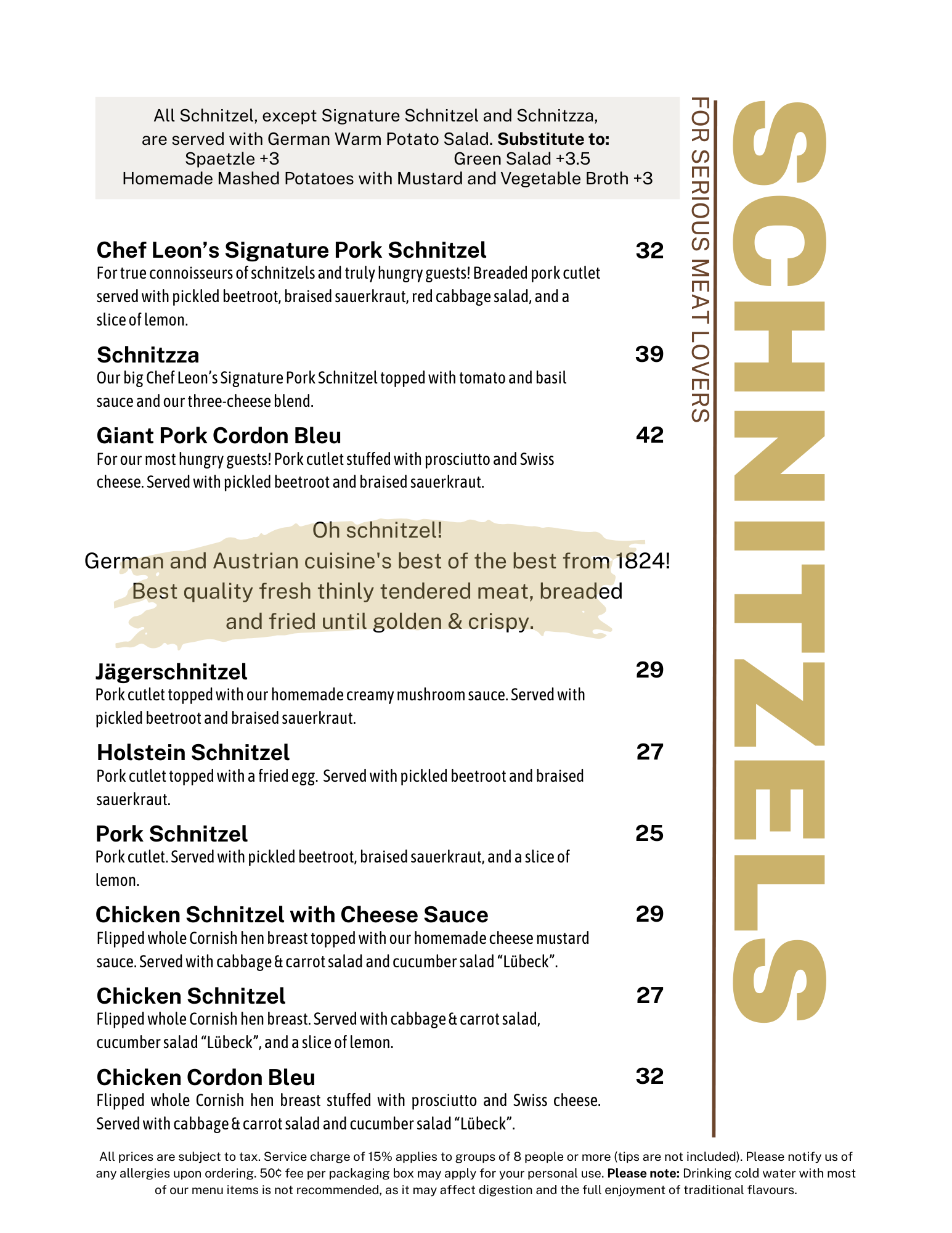 Menu listing schnitzels, including Pork, Chicken, and Holsteiner, with prices.