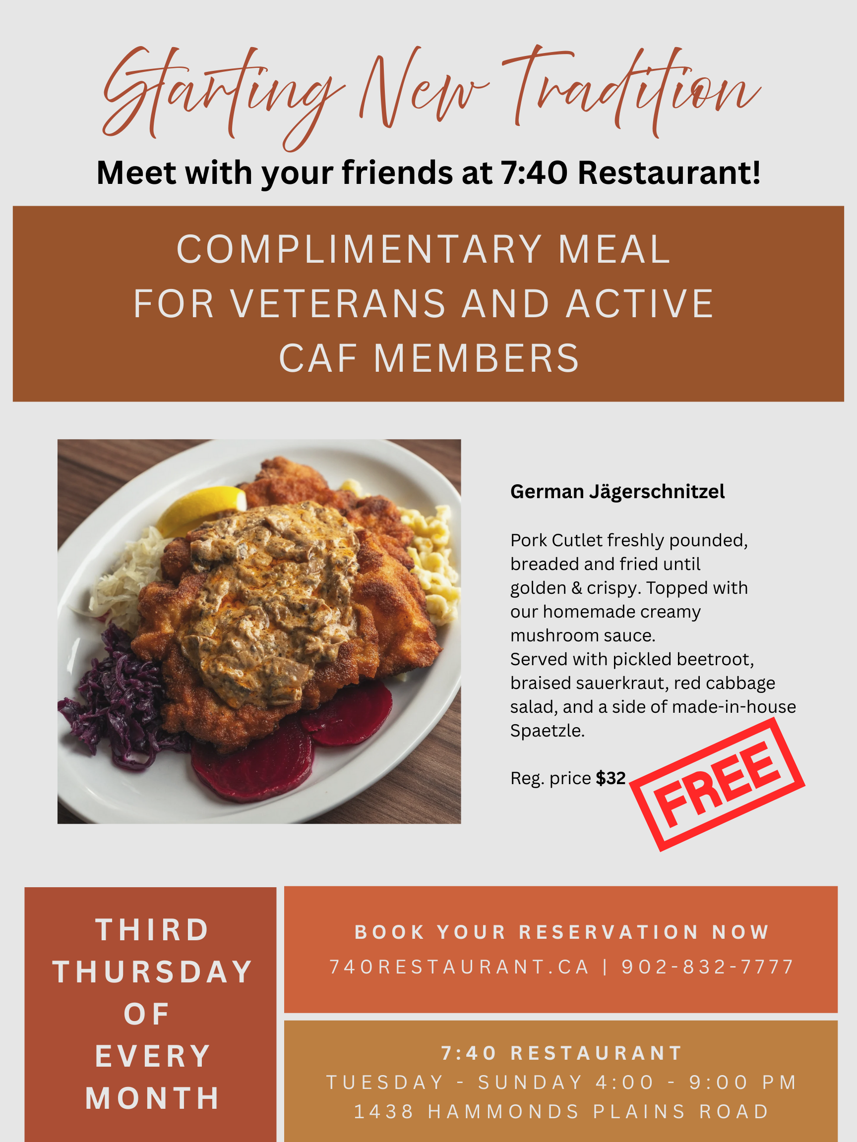Flyer for 7:40 Restaurant: Complimentary meal for veterans on the third Thursday of every month. Includes image of food.