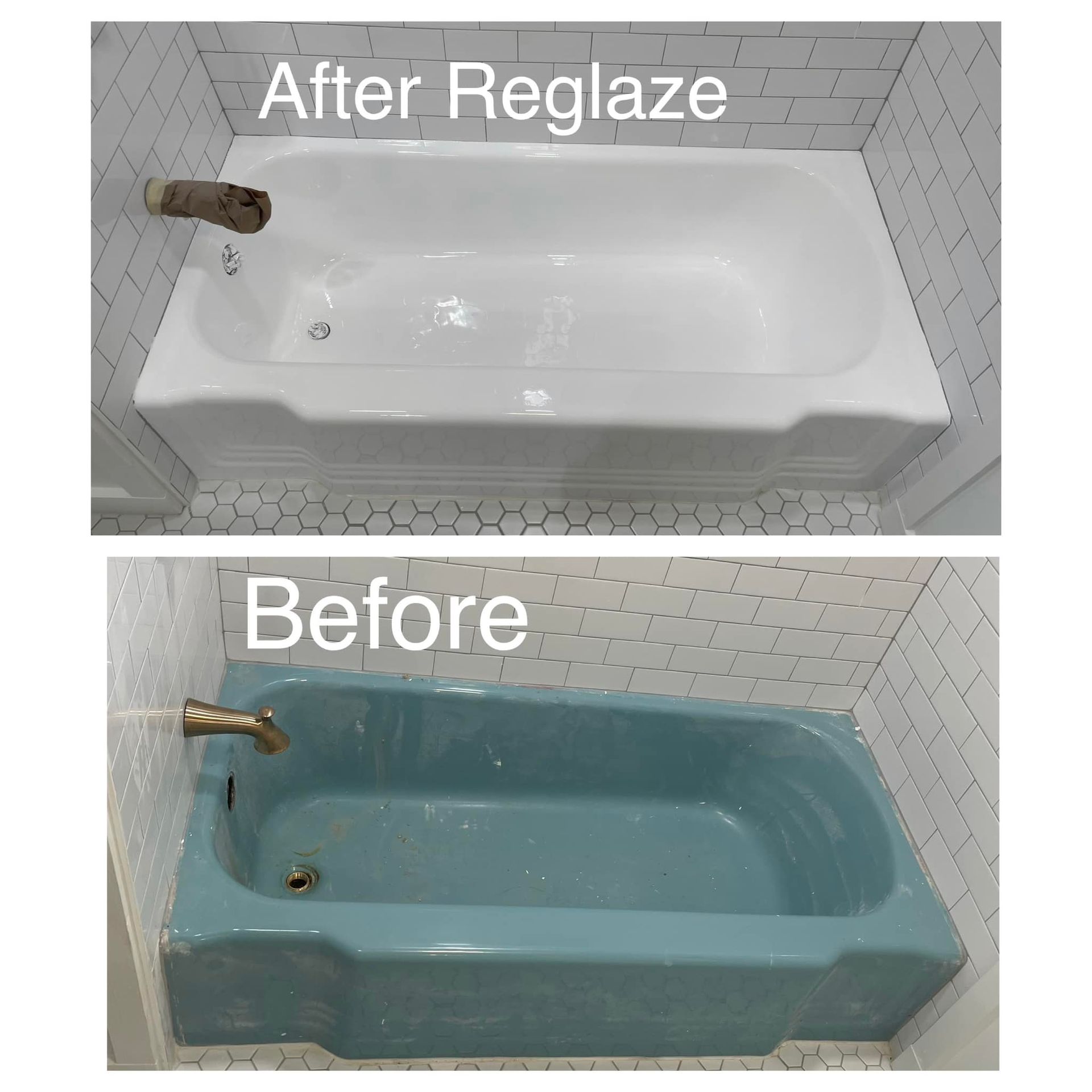 Comparison of a turquoise bathtub before and a white reglazed bathtub in a bathroom.