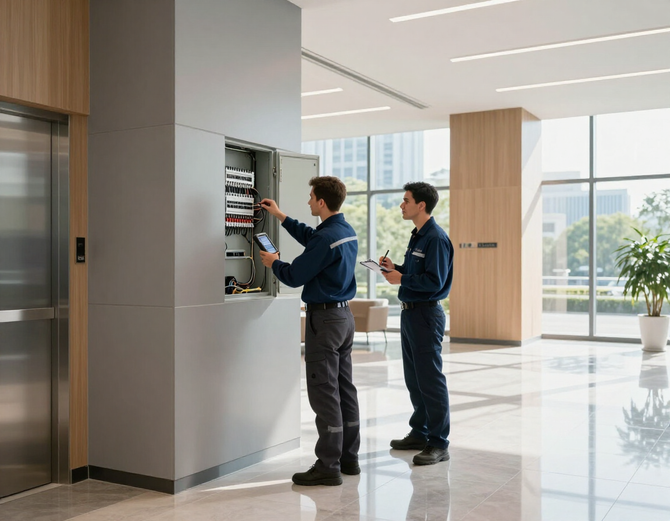equipo de mantenimiento en edificio corporativo