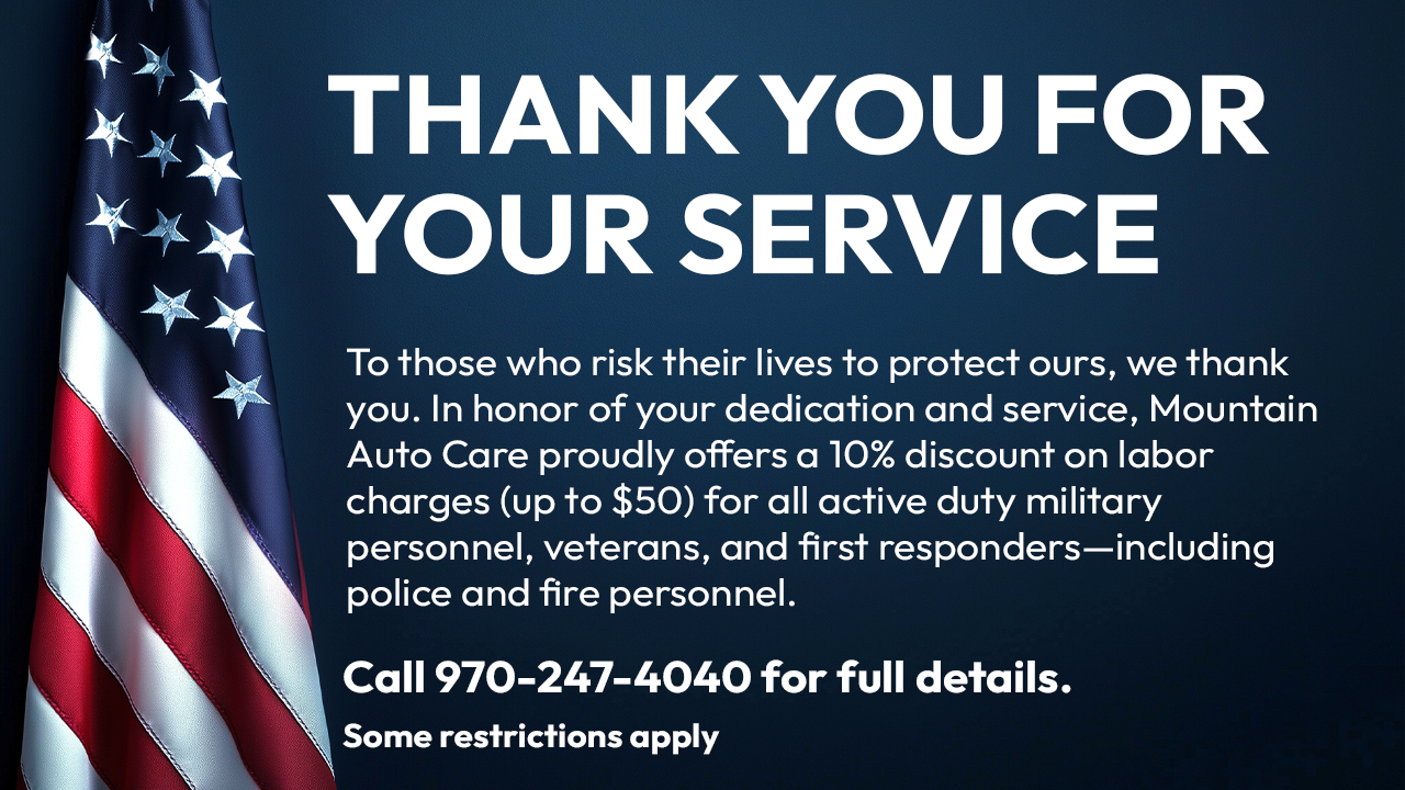 Blue patriotic ad with U.S. flag and text thanking first responders and military; call 970-247-4040.