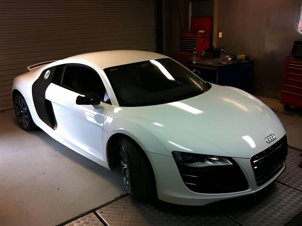 A White Audi R8 Is Parked In A Garage — Dynolink In Garbutt, QLD