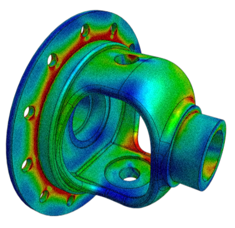 Farbcodierte 3D-CAD-Darstellung eines Flanschrohrbogens mit Schraubenlöchern und rundem Auslass