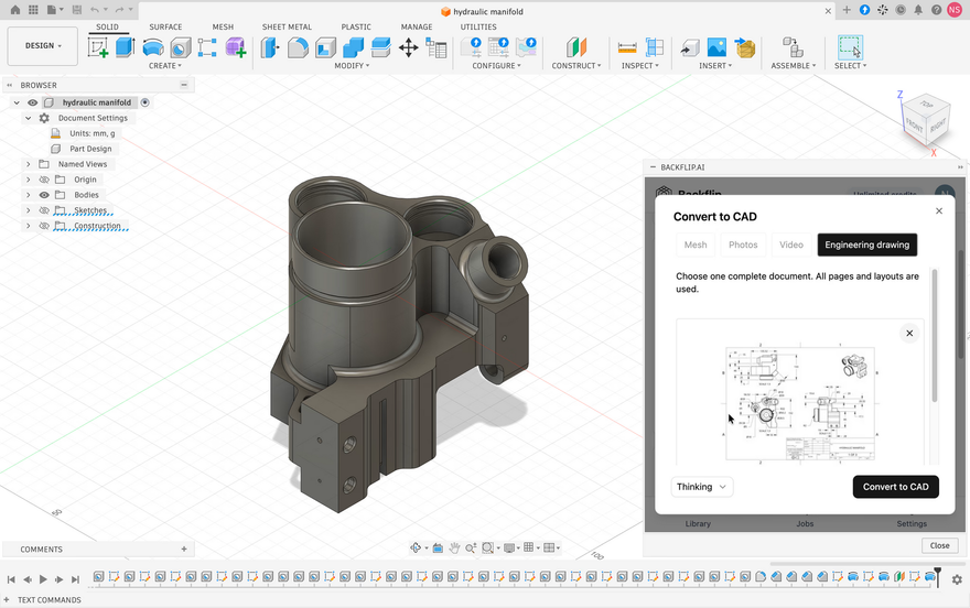 Fusion360-Arbeitsbereich mit einem grauen mechanischen Bauteilmodell und dem Blackflip ADDON rechts