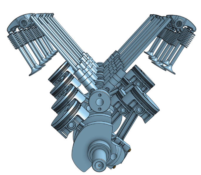Illustration eines blauen V-Twin-Motors auf weißem Hintergrund
