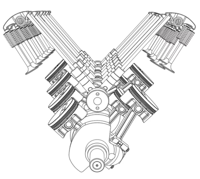 Technische Zeichnung eines V-Motors mit Kolben, Zylindern und Kurbelwellenkomponenten in Graustufen.