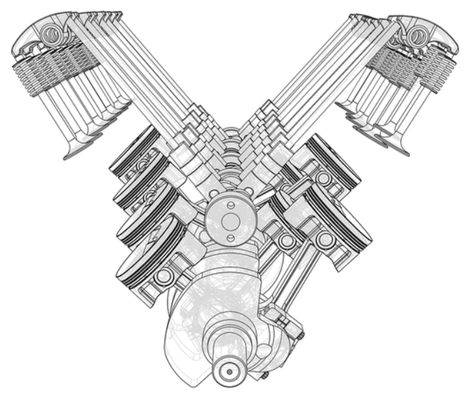 Strichzeichnung eines V-Twin-Motors mit zwei schräg angeordneten Zylindern und detaillierten mechanischen Bauteilen