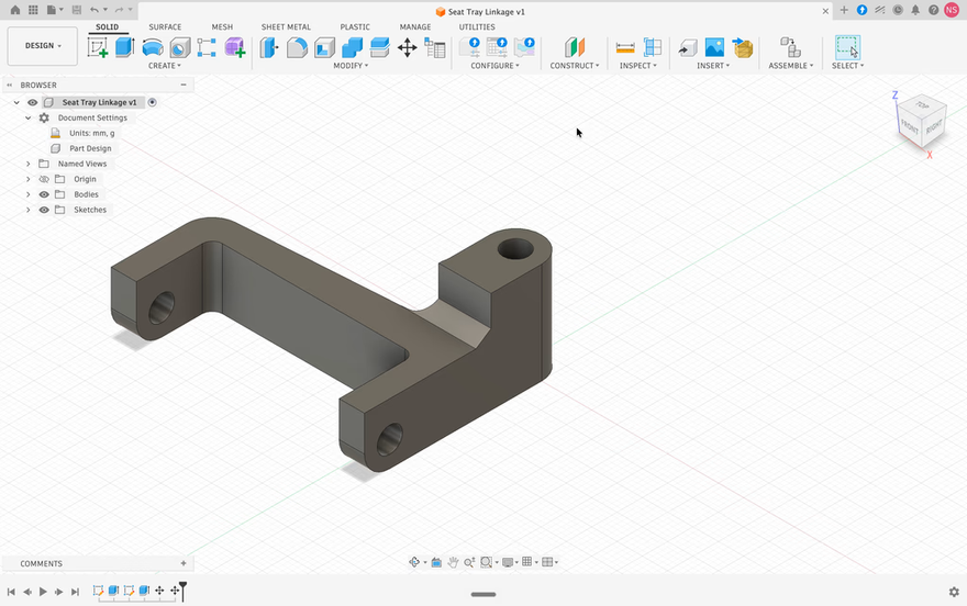 3D-CAD-Modell einer grauen mechanischen Halterung mit Bohrungen, dargestellt in Fusion360.