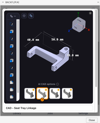 Das Blackflip Addon: 3D-CAD-Oberfläche mit einer grauen Halterung, Maßangaben und Werkzeug-Symbolen