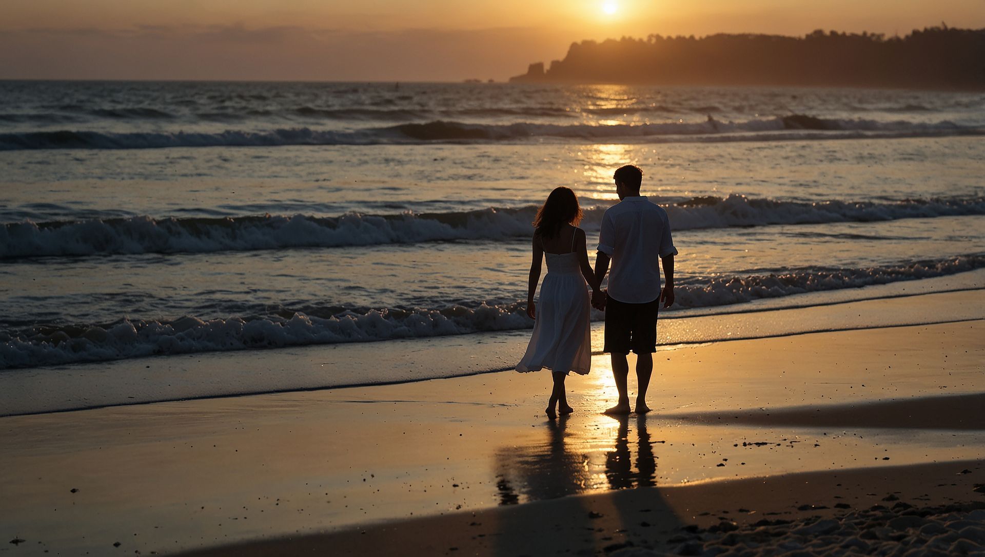 Una pareja camina de la mano por una playa de arena al atardecer, mientras las olas rompen suavemente en la orilla.