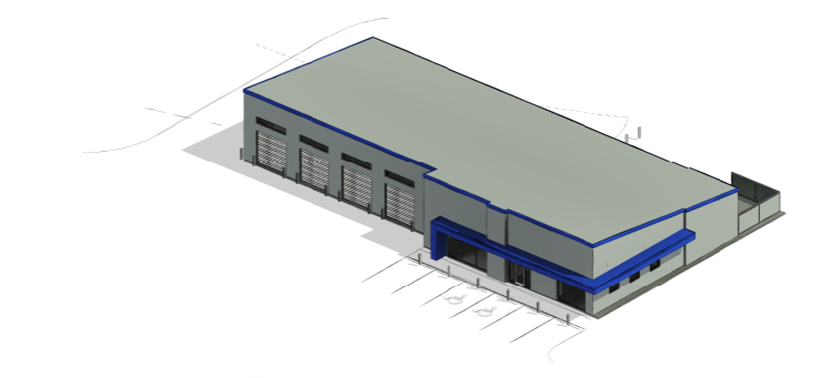 An artist rendering of a garage with four bays and an office 