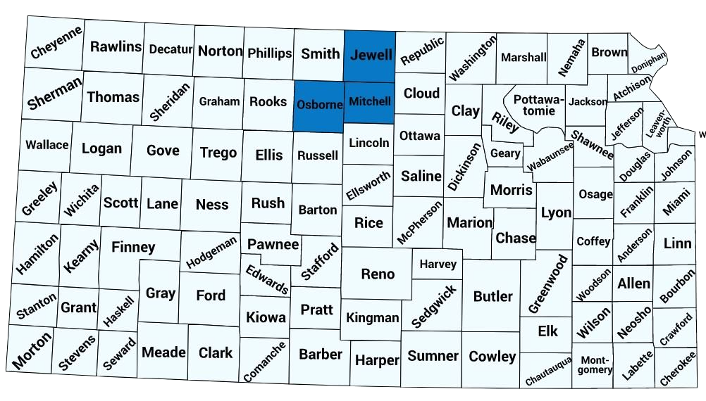 A map of the state of Kansas with three counties outlined including Jewell Mitchell and Osborne