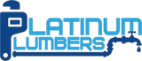 Logo for Platinum Plumbers: blue wrench and plumbing pipe with text.
