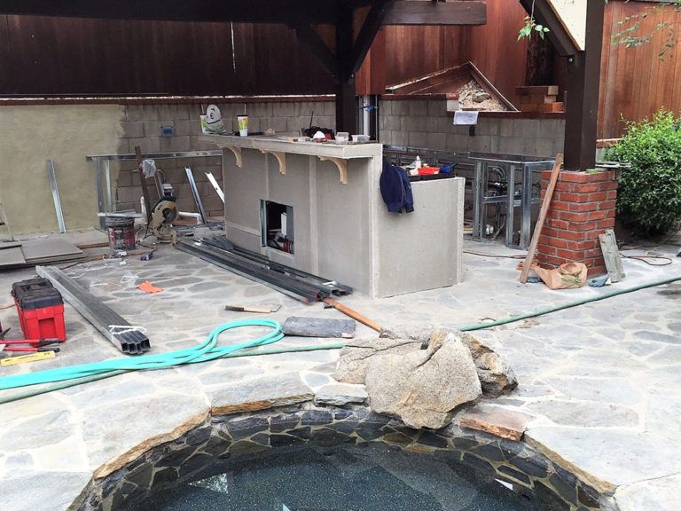 A construction site with a pool in the middle of it