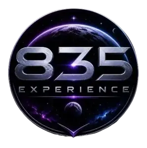 835 Experience logo with metallic text over a purple-black cosmic planet backdrop