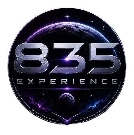 835 Experience logo with metallic text over a purple-black cosmic planet backdrop