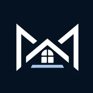 White stylized house logo with an M shape on a dark blue background