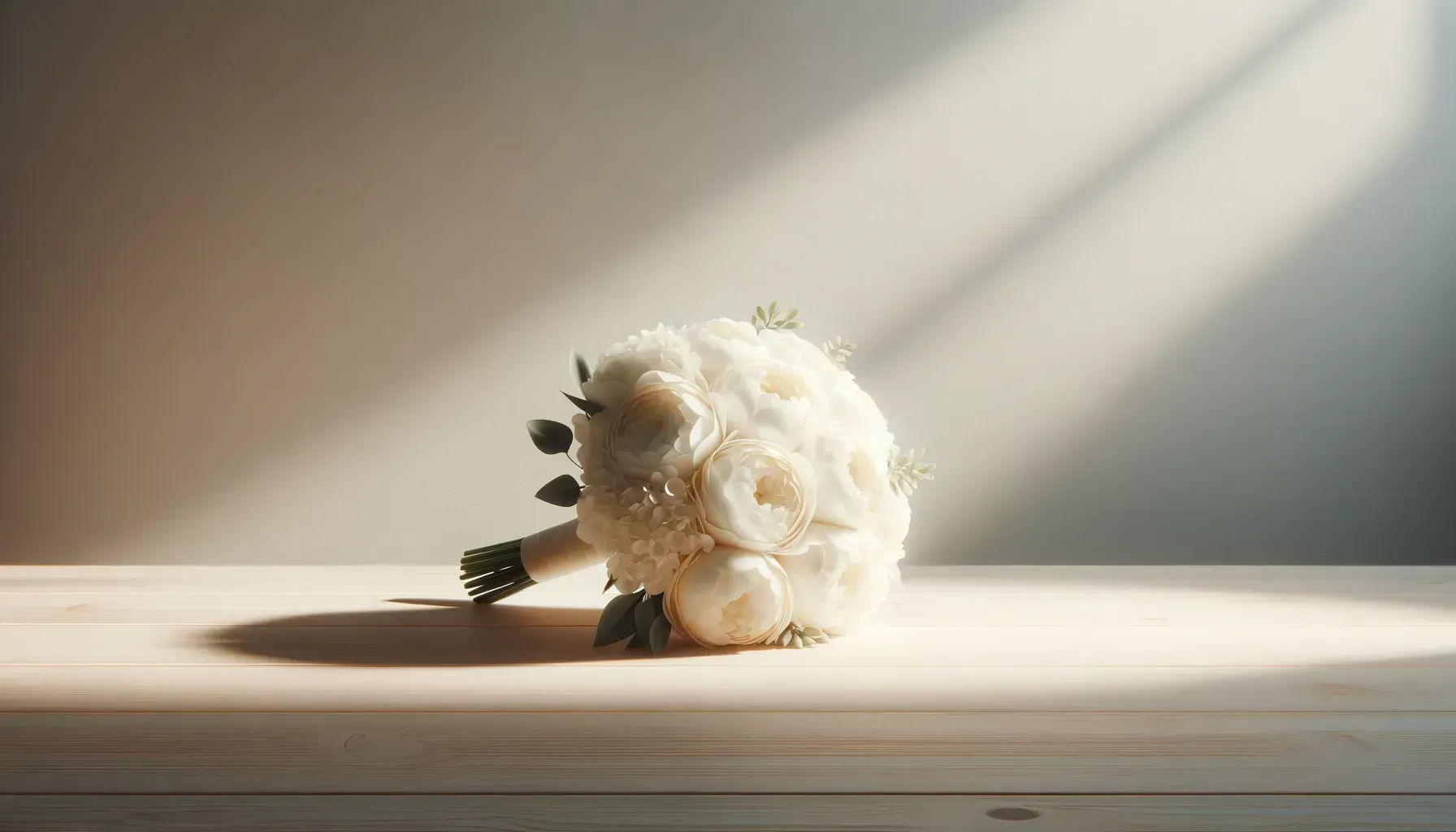 White fluffy flower-like object with small dark leaves on a sunlit wooden shelf