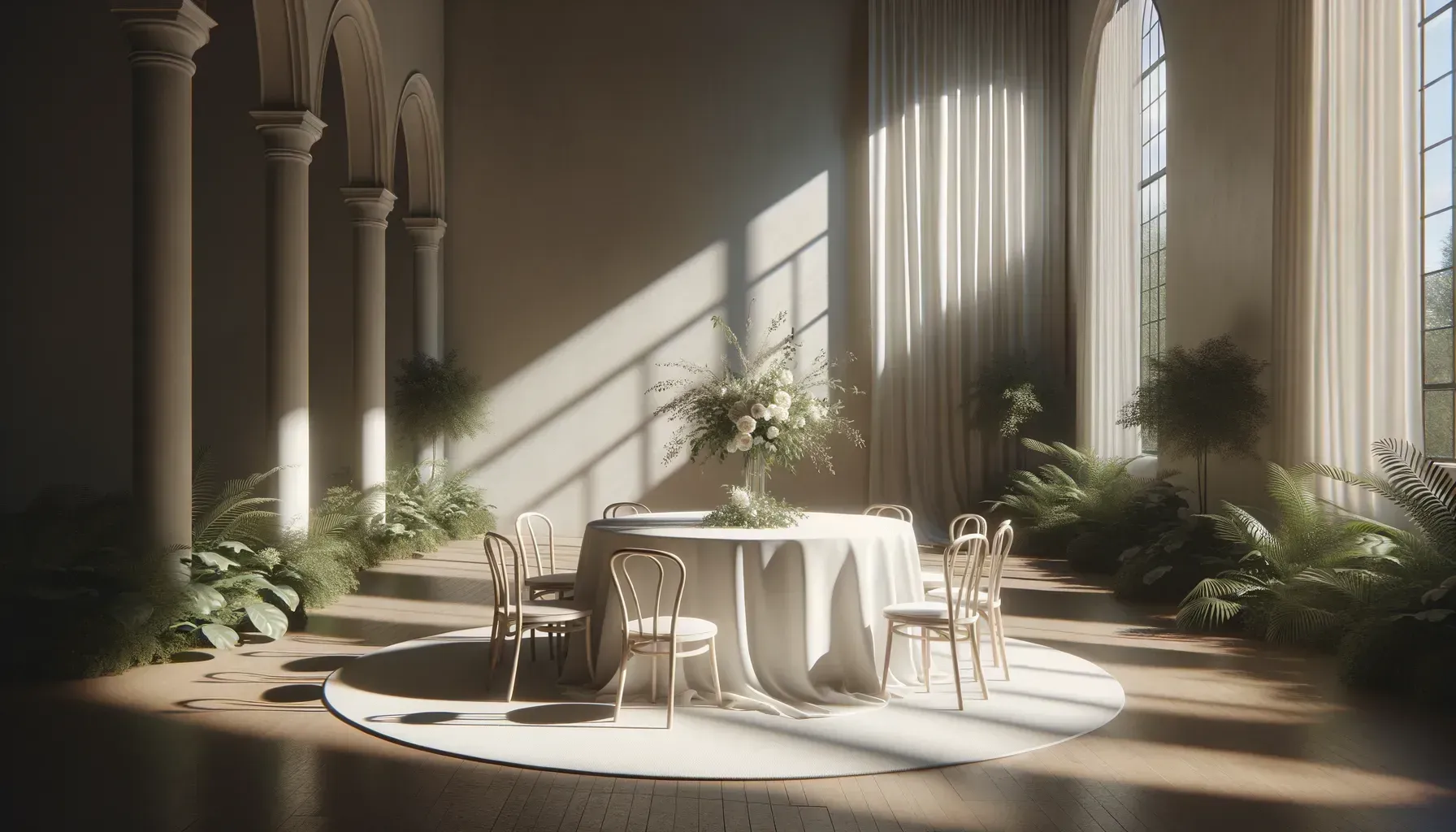 Sunlit elegant dining room with white tablecloth, chairs, tall windows, and potted plants