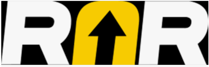 A black and yellow logo that says rar with an arrow pointing up