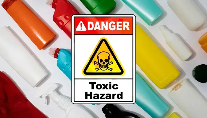 Danger sign with toxic cleaning products