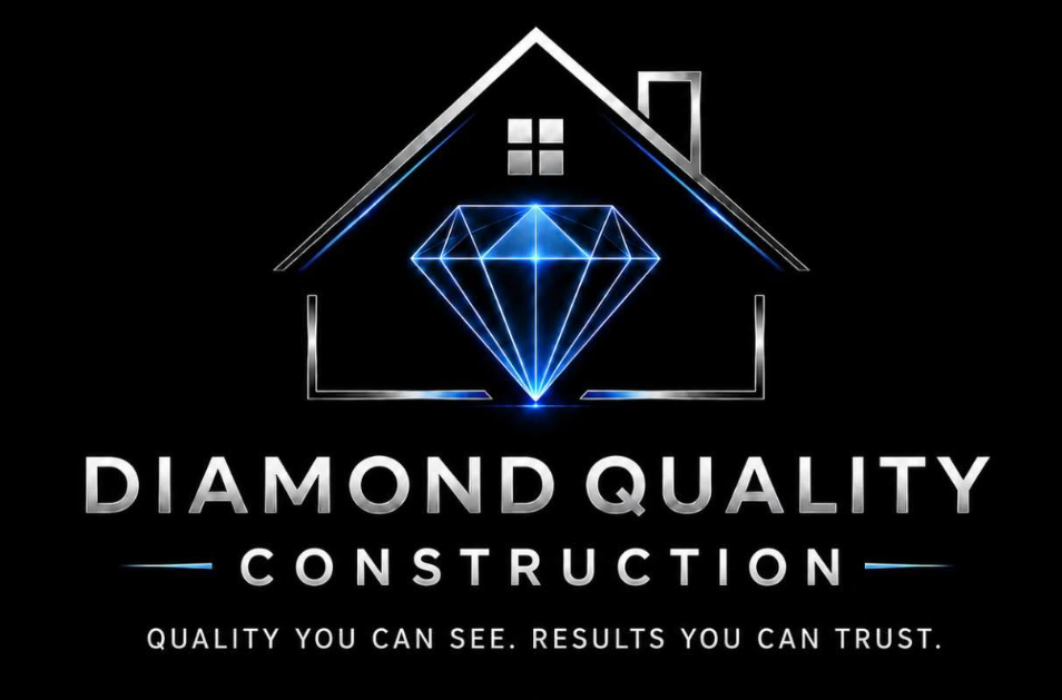 Diamond Quality Construction logo with blue diamond inside a house outline and white text on black background