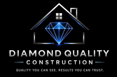 Diamond Quality Construction logo with blue diamond inside a house outline and white text on black background