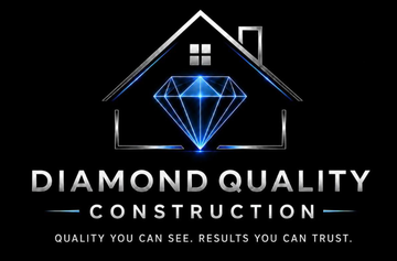 Diamond Quality Construction logo with blue diamond inside a house outline and white text on black background