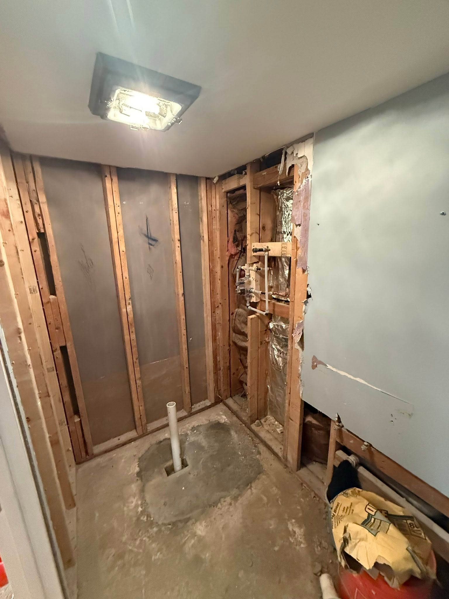 Partially gutted bathroom with exposed studs, plumbing, and debris on the floor