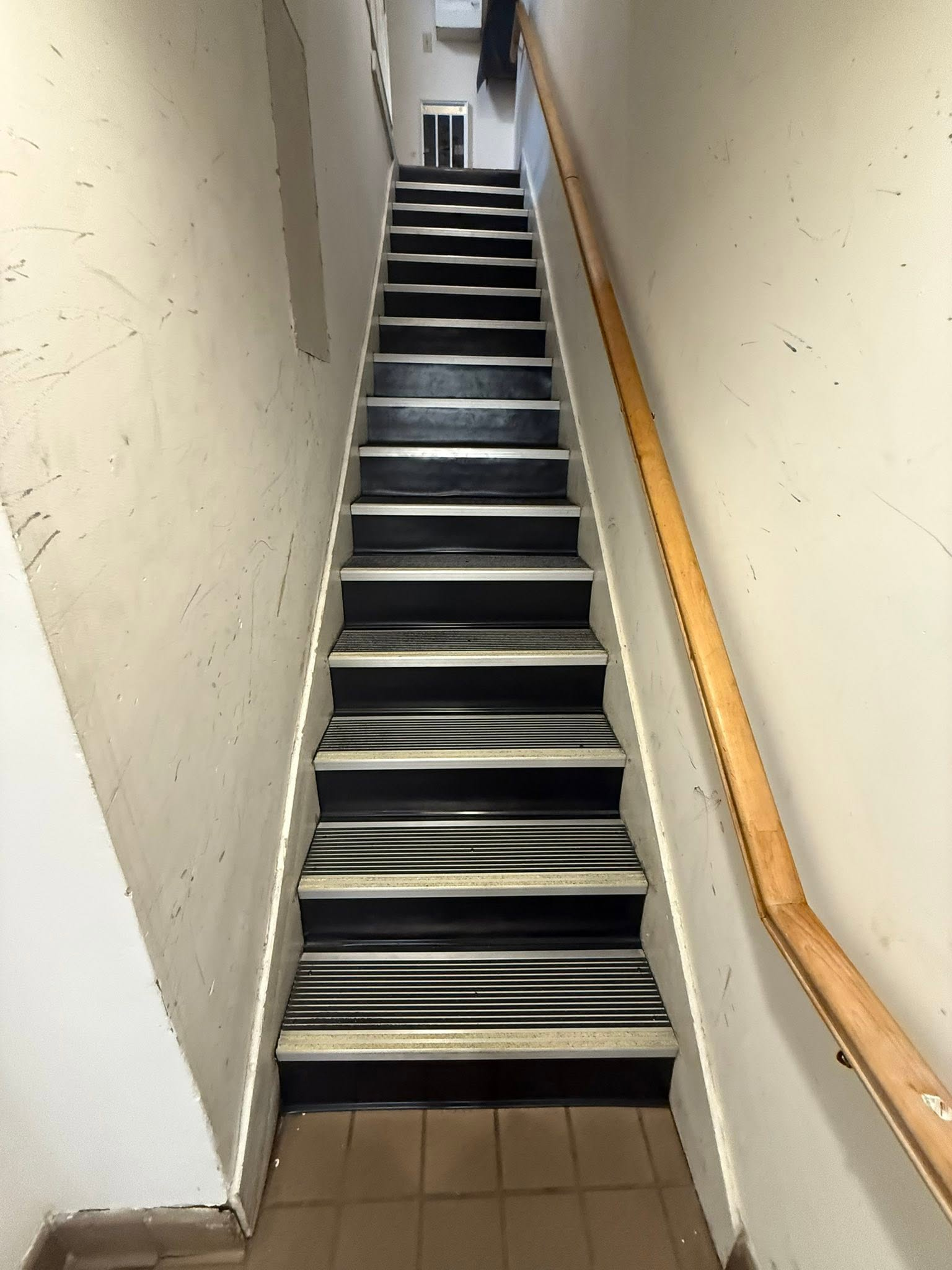 Narrow indoor stairwell with steep carpeted steps, beige walls, and a wooden handrail.