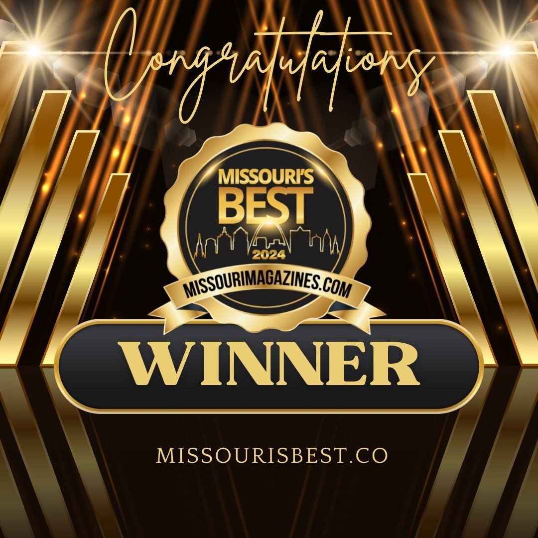 Gold “Missouri’s Best” winner badge with “Congratulations” and “missourisbests.co” on a dark background
