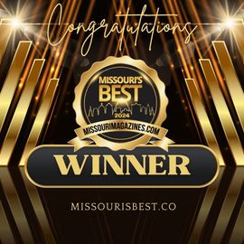 Gold “Missouri’s Best” winner badge with “Congratulations” and “missourisbests.co” on a dark background