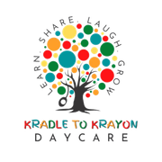 Kradle to Krayon Daycare logo with colorful tree and the words “Learn, Share, Laugh, Grow”
