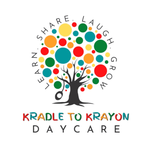 Kradle to Krayon Daycare logo with colorful tree and the words “Learn, Share, Laugh, Grow”