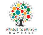 Kradle to Krayon Daycare logo with colorful tree and words “Learn • Share • Laugh • Grow”
