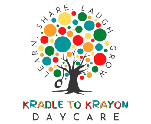 Kradle to Krayon Daycare logo with colorful tree and words “Learn • Share • Laugh • Grow”