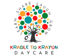 Kradle to Krayon Daycare logo with colorful tree and words “Learn • Share • Laugh • Grow”
