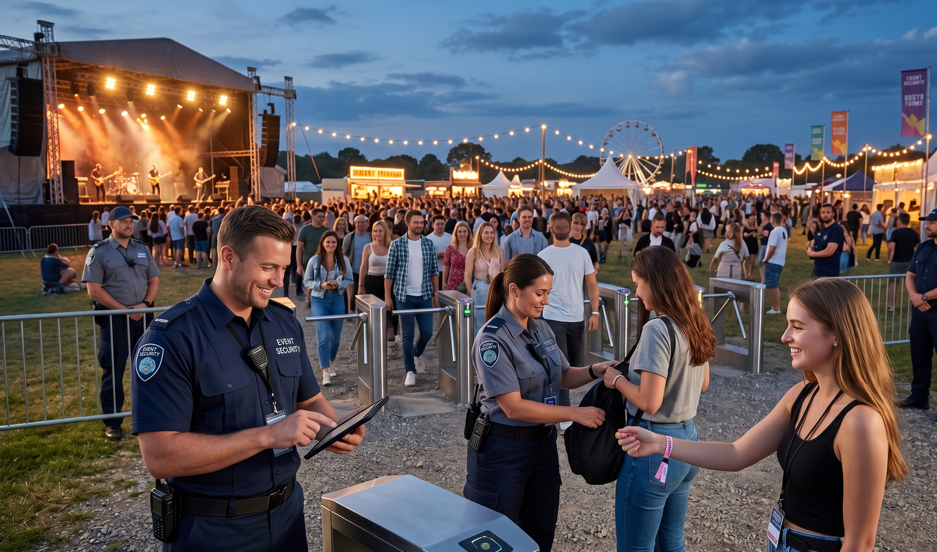 Festival crowd at dusk with stage lights, string lights, and staff checking wristbands at the entrance.
