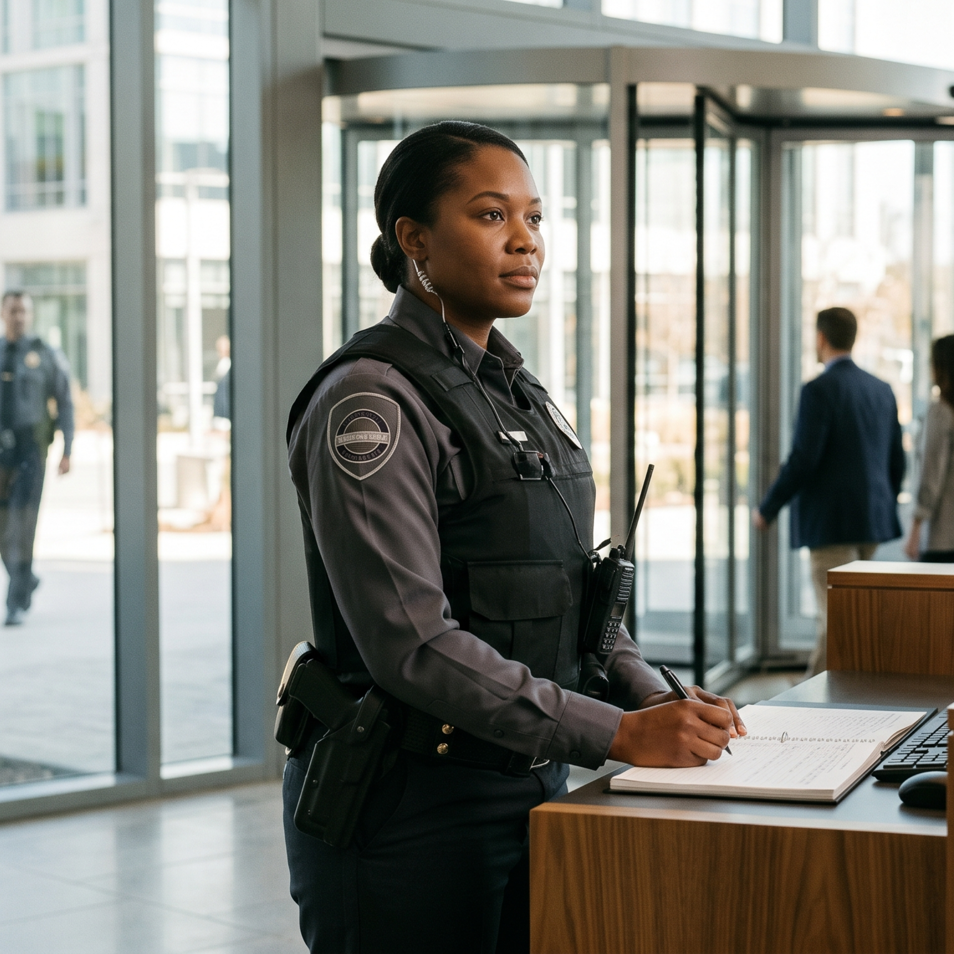 Security guard writing at a desk in a modern glass lobby