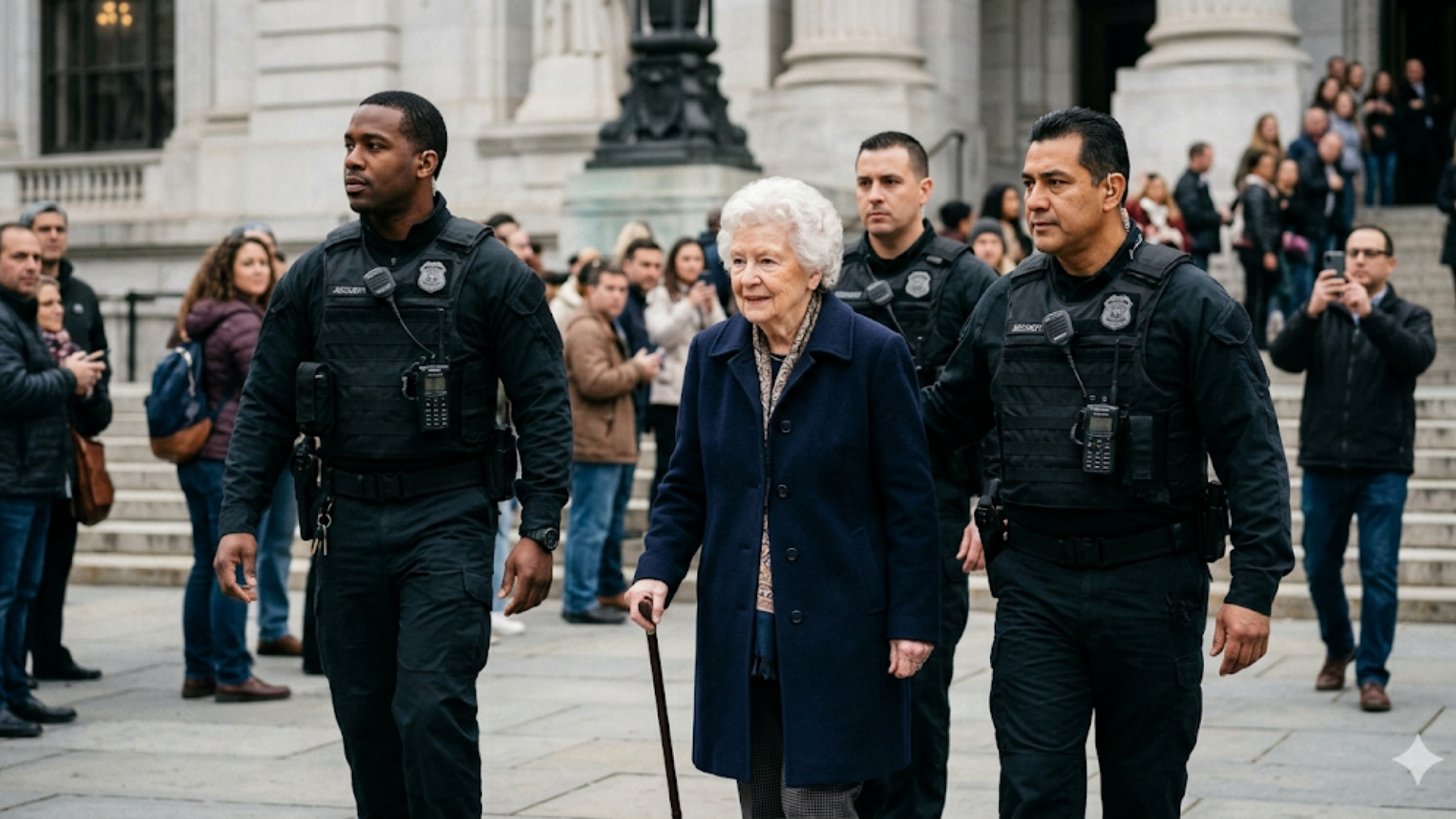 Elderly woman with cane walking between two police officers in a city square, with onlookers behind them.