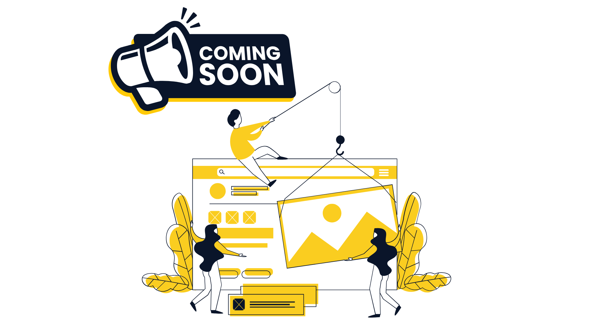 Coming soon banner with megaphone and people assembling a website illustration