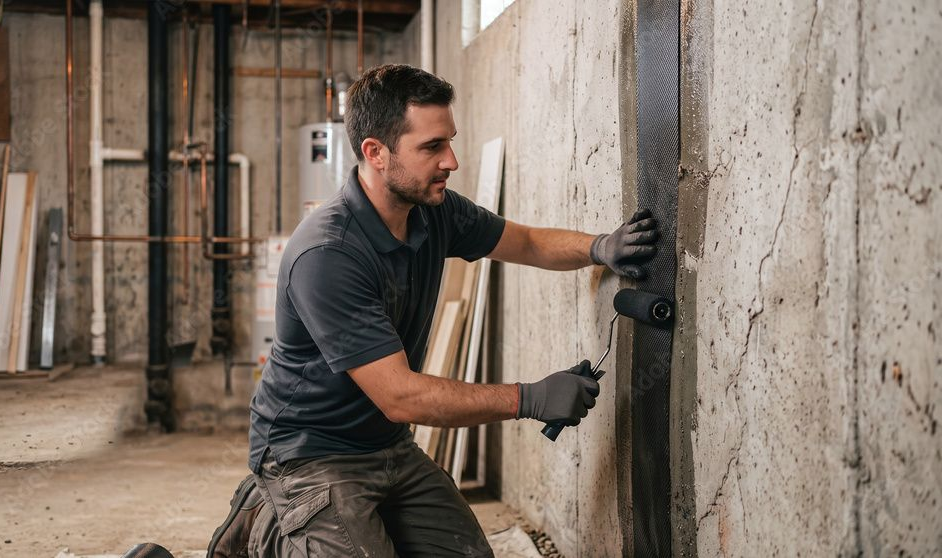 Man kneeling by a basement wall, adjusting a black metal support post with tools.