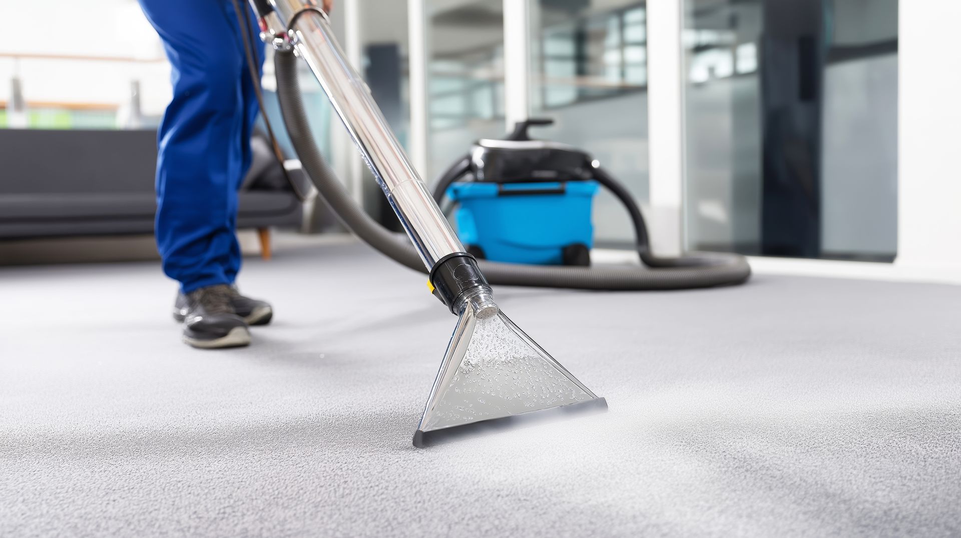 Person vacuuming a gray carpet in a bright office using a silver hose.