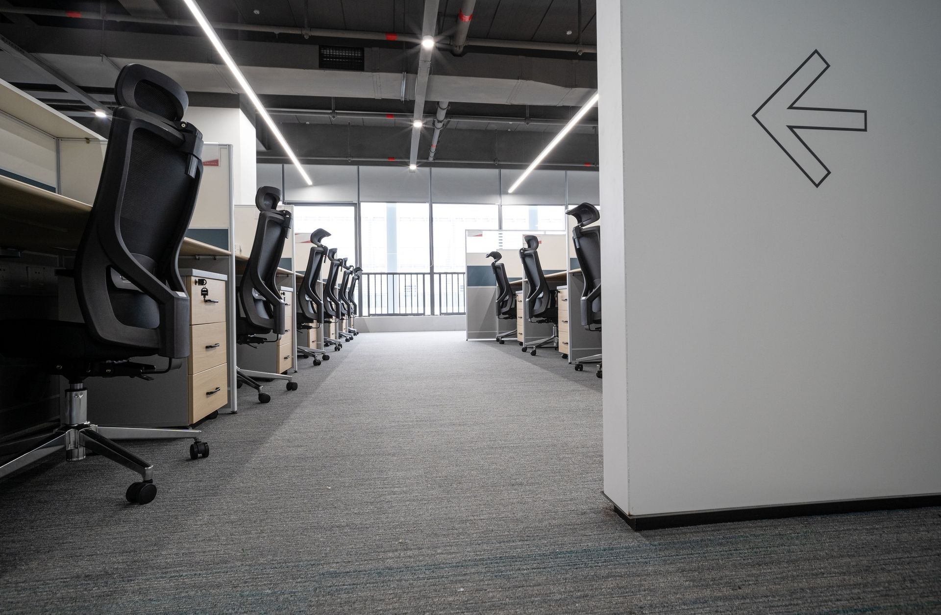 A row of office chairs are lined up in an empty office.