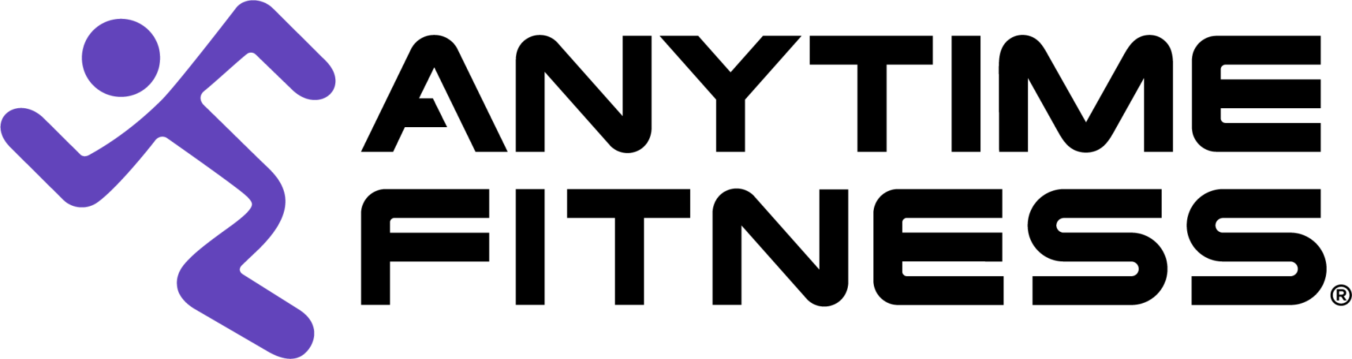 A logo for anytime fitness with a purple silhouette of a person running.