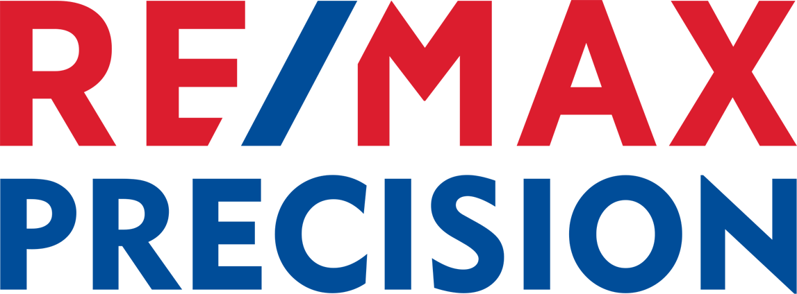 A red , white and blue re / max precision logo on a white background.