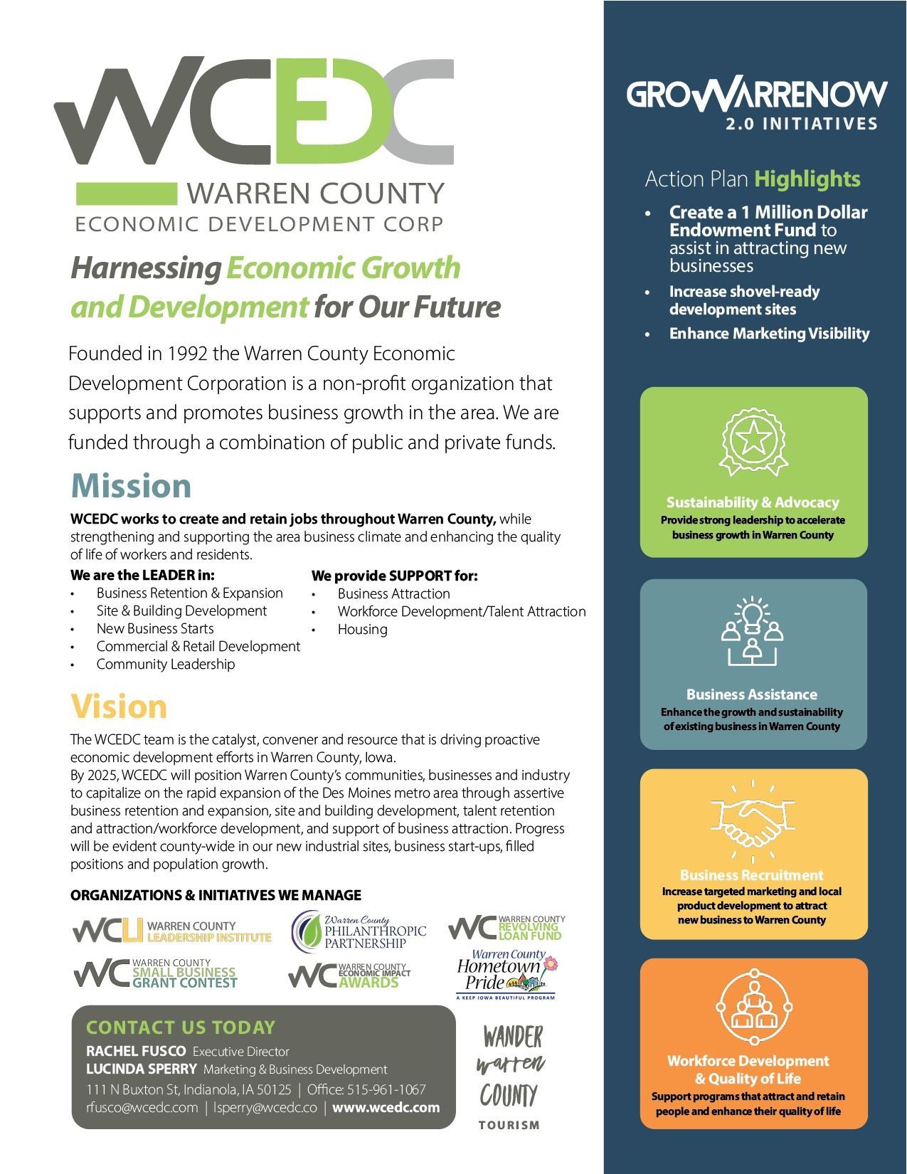 A brochure for warren county has a mission , vision , and contact information.